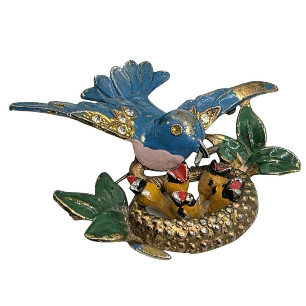 Vintage Fred Gray Blue Bird Brooch Nest Baby Birds Rhinestone Gold-Tone Pin USA